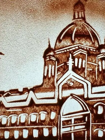 Depicting the iconic Taj Mahal Palace hotel, the crown jewel of IHCL. This artwork was part of a larger narrative celebrating the 120-year legacy of the Tata-owned company, showcasing my skill in architectural sand drawing for corporate storytelling.