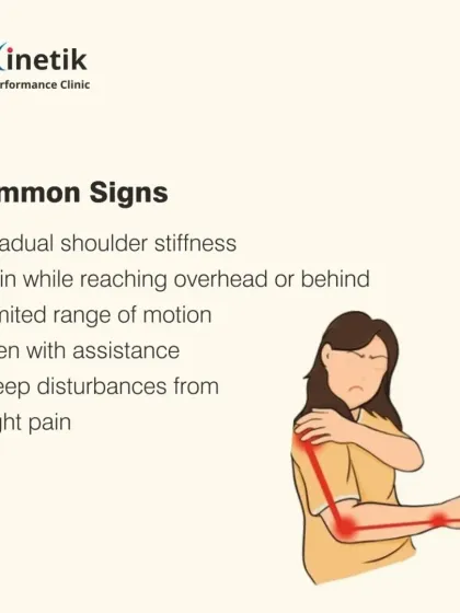 The common signs of a frozen shoulder include gradual stiffness, pain when reaching overhead or behind your back, and a limited range of motion even with assistance. Many people also experience sleep disturbances due to night pain.