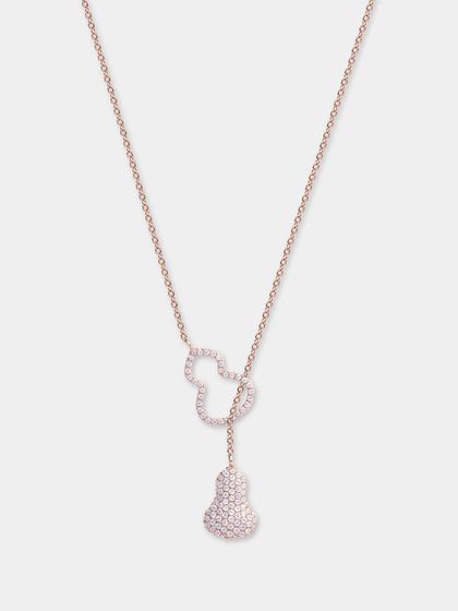 A unique rose gold lariat-style necklace with crystal-studded pendants. The product is perfectly centered and lit to show all its details.