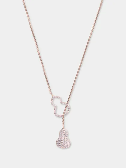 A unique rose gold lariat-style necklace with crystal-studded pendants. The product is perfectly centered and lit to show all its details.