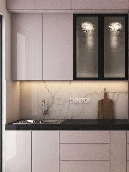 This 3D kitchen visual shows a clean and minimalist design with glossy pinkish cabinets, a marble backsplash, and under-cabinet lighting. It's a practical layout designed for modern living.