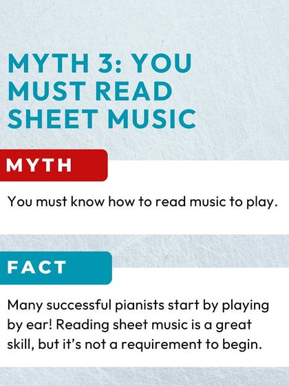 Myth: You must read sheet music to play. Fact: Many incredible musicians play by ear. While reading music is a great skill we can learn together, it is not a barrier to starting your journey.