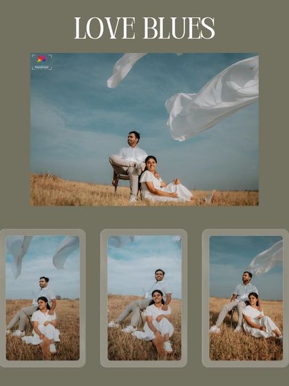 A stylish collage with a "Love Blues" theme, using card-like frames to present a series of portraits against a beautiful blue sky.