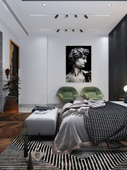 Another view of the bedroom with the raw wood headboard, this time showing a comfortable seating area and a classic art print.