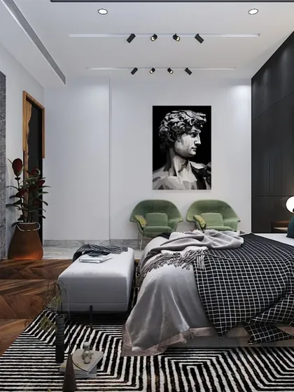 Another view of the bedroom with the raw wood headboard, this time showing a comfortable seating area and a classic art print.