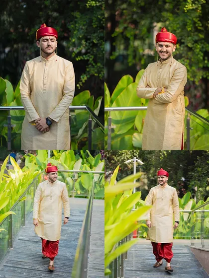 A collage of the groom, Omkar, looking sharp in his traditional Marathi engagement attire. These individual portraits are a great way to showcase his personality and style.