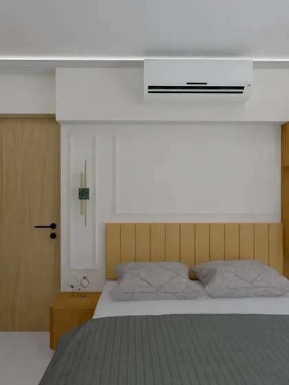 A 3D concept for a compact bedroom, designed on a budget with a focus on functionality and clean lines.