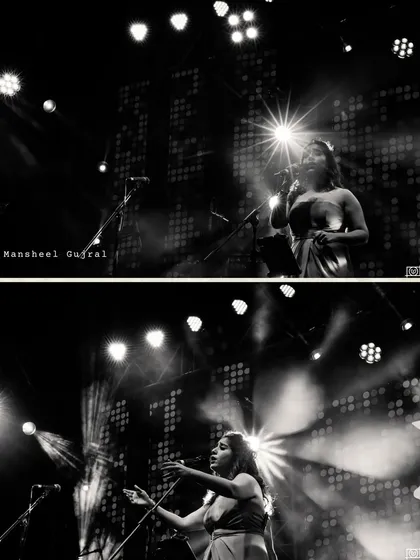 The talented Mansheel Gujral performing at a 25th-anniversary celebration in Goa. These black and white photos capture her powerful stage presence under the spotlights, creating a truly unforgettable musical experience.