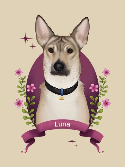 Here is a digital illustration of Luna, a beautiful indie dog. The rich purple background and floral elements are chosen to highlight her calm and regal presence, making it a truly personal piece.