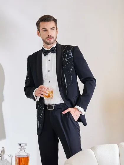 This full-length view captures the modern elegance of the geometrically embellished tuxedo. It's a perfect example of how I blend traditional tailoring with contemporary design elements.