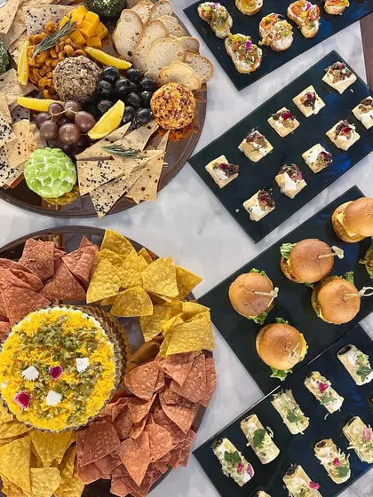 An overhead shot of the appetizer spread, showing the variety and abundance of our catering.