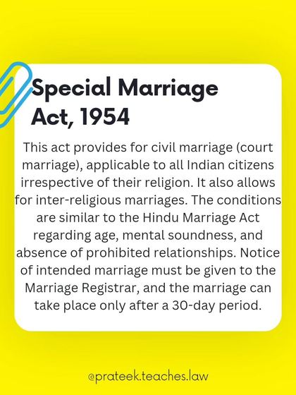 The Special Marriage Act, 1954, allows any Indian citizen to have a civil marriage, irrespective of religion. It is the primary law for inter-religious marriages.