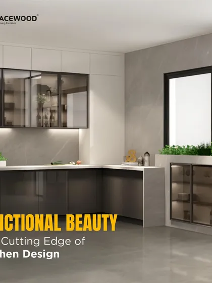 This L-shaped kitchen showcases functional beauty with its cutting-edge design. I used glossy grey lower cabinets and glass-fronted uppers to create a sense of depth, while the layout provides ample counter space and a smooth workflow.