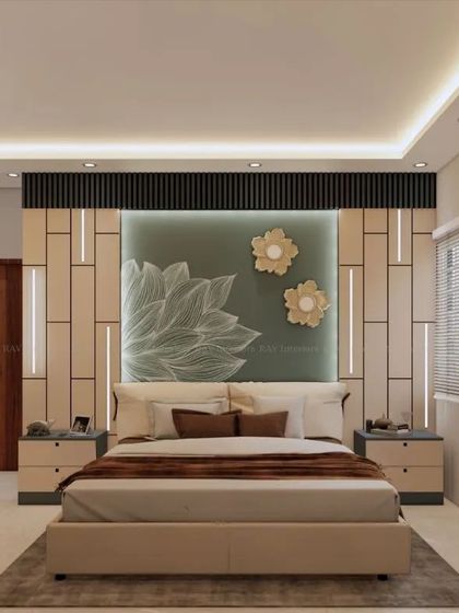 A full view of the bedroom, highlighting the beautiful floral accent wall and the cohesive design.