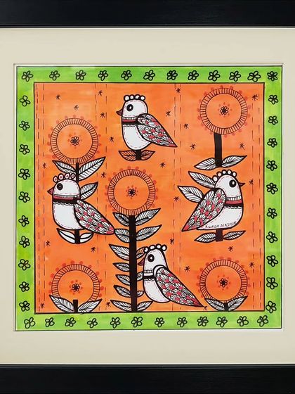 A delightful Madhubani painting featuring several birds among stylized flowers, created with the fine lines and bright colors of the tradition.