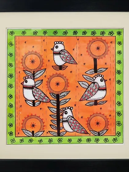 This delightful Madhubani painting by Vrishti shows five small birds perched on stylized flowers. The bright orange background and simple, charming figures create a joyful and decorative piece.