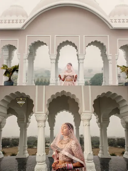 A creative double-exposure style portrait of the bride, blending her image with the beautiful architecture of the venue.