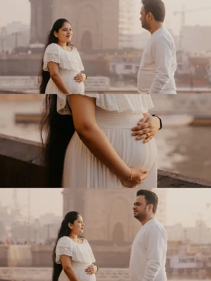 A series of images focusing on the couple's connection and the baby bump, set against the backdrop of the Mumbai seaface.
