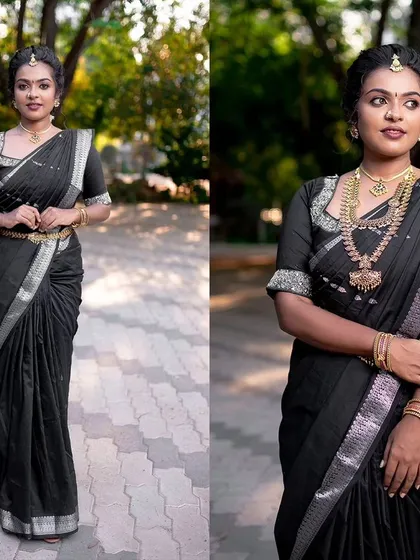 A collage showing the versatility of this model's look. The makeup is consistent, highlighting her beautiful features in both full-length and close-up shots.
