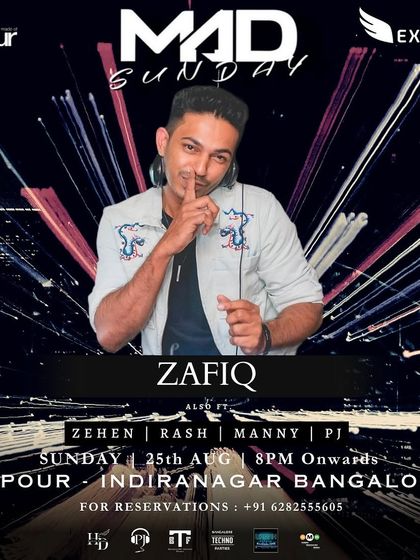 My feature poster for the "Mad Sunday" event, showing me in a classic DJ pose.