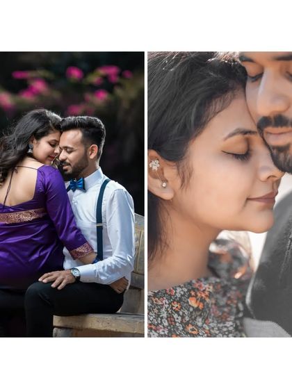 A diptych of intimate couple portraits, one on a park bench and the other a serene black-and-white close-up.