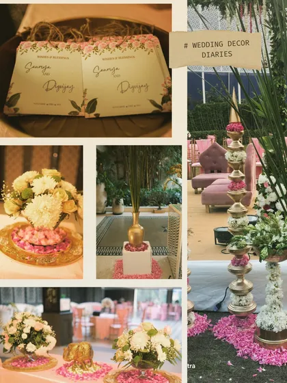A collage of decor details from a recent wedding, including the custom stationery, floral arrangements, and traditional props.