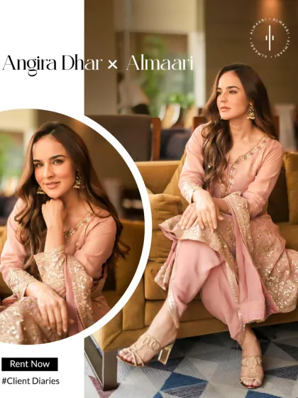 The lovely Angira Dhar, styled head-to-toe in Almaari. She’s wearing a graceful blush pink sharara set with delicate gold embroidery, paired with matching block heels and jhumkas. It’s an effortlessly elegant look for any festive occasion.