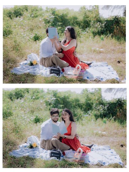 A fun and playful series of the couple with a book during their picnic-themed shoot, showing their personalities and the relaxed nature of the session.