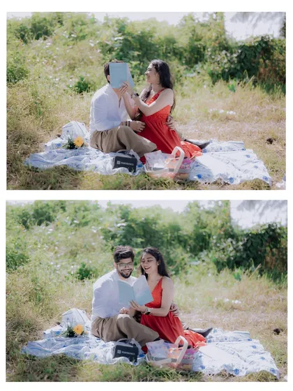 A fun and playful series of the couple with a book during their picnic-themed shoot, showing their personalities and the relaxed nature of the session.