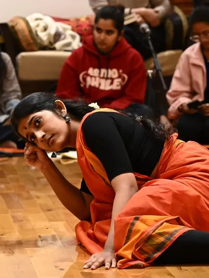 A poignant moment of abhinaya from a rehearsal of 'Songs of the Millstone'. The dancer's expression captures the fatigue and resilience that are central to the stories we tell in this piece.