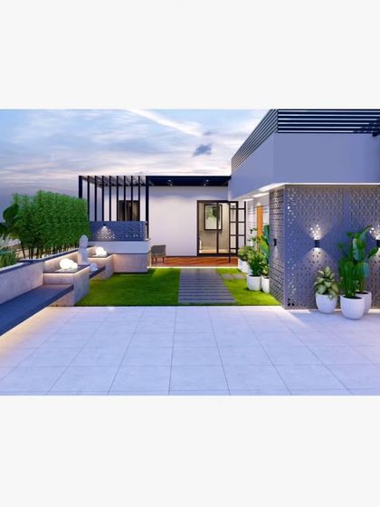 A 3D render of a modern, minimalist terrace with clean lines, a long built-in bench, and integrated planters.