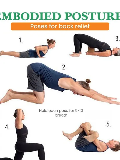 For general back pain relief, simple and consistent practice is key. This guide shows five effective embodied postures, like the bridge pose and child's pose, that you can do at home to stretch and strengthen your back.