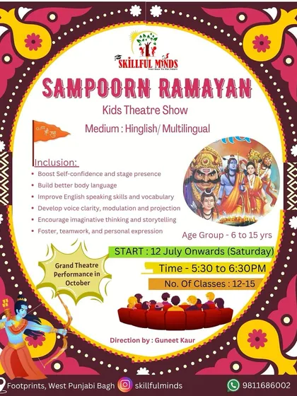 Details for our 'Sampoorn Ramayan' kids theatre show for ages 6 to 15. This program dives deep into the story, helping children improve vocabulary, voice clarity, and teamwork.