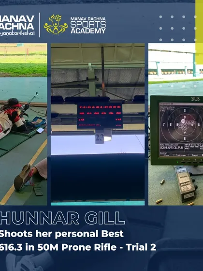 Our shooter Hunnar Gill achieved her personal best score of 616.3 in the 50M Prone Rifle event at the National Trials. This image captures her focus and the precision of her shot.