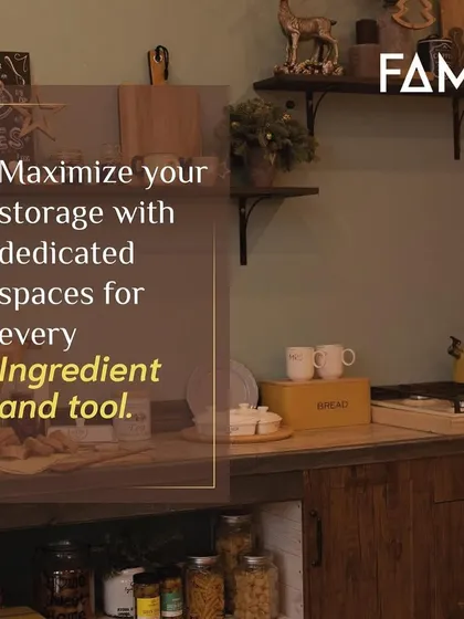 Maximize your storage with dedicated spaces for every ingredient and tool. This rustic-style kitchen uses open shelving and under-counter storage to keep everyday items accessible and beautifully displayed.