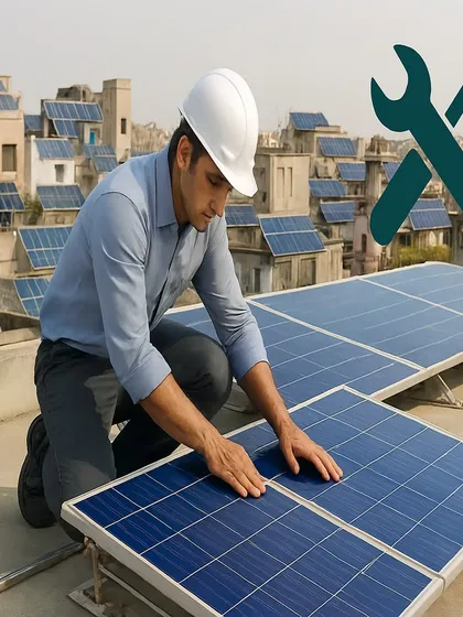 A technician carefully inspects and maintains a residential rooftop installation. Our service includes ensuring every panel is perfectly placed and connected for maximum efficiency and longevity.