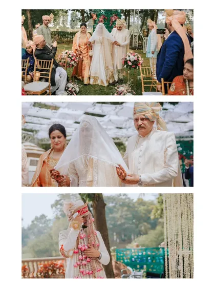 A collage of emotional moments from a Nikaah. It shows the bride's grand entrance, the groom's tearful reaction, and the father's proud expression.