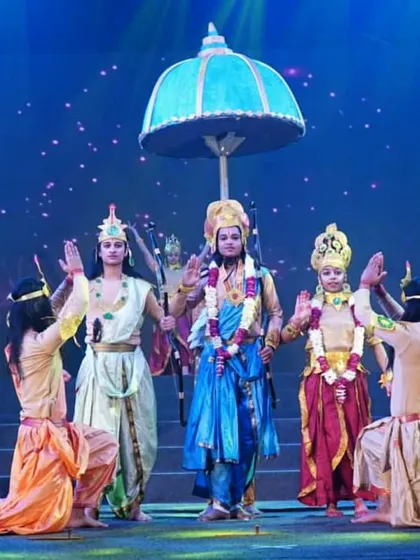 A scene from 'Ramayana the Musical', depicting Lord Rama with his cohort. Our productions use authentic costumes and character-driven choreography to retell timeless Indian epics for modern audiences.