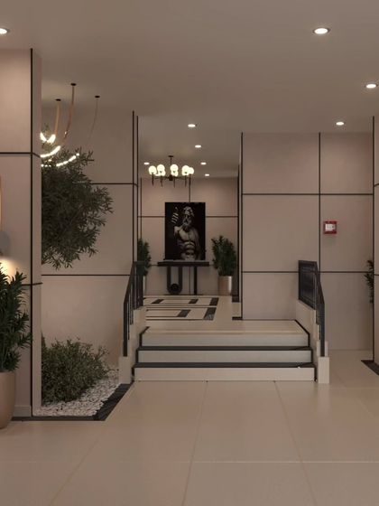 This is a 3D render of a grand lobby entrance we designed. The geometric floor pattern, statement chandelier, and backlit staircase create a dramatic and luxurious welcome for guests arriving at an event.