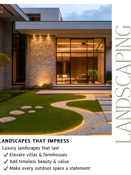 Your property's entrance is the first impression. We create striking modern landscapes, like this one featuring a curved lawn path with inset lighting, manicured turf, and strategically placed stones to enhance curb appeal and add lasting value.