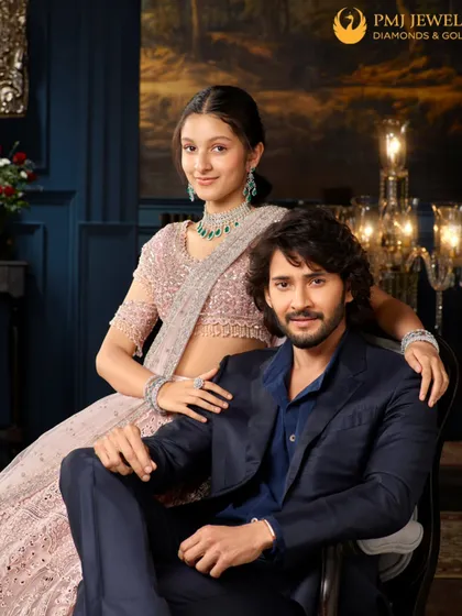 There is a special story in family portraits. Shooting with Mahesh Babu and his daughter Sitara for PMJ Jewels was about capturing their beautiful, natural bond. The setting is regal, but the moment is a simple, honest connection between a father and daughter.