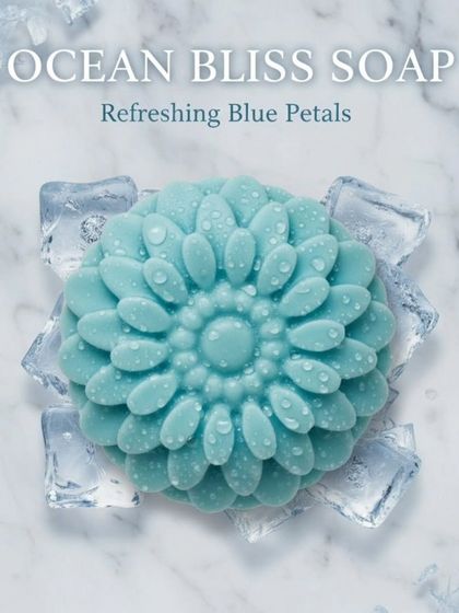 The full view of my Ocean Bliss soap. The design is inspired by a flower, and the scent is inspired by the ocean. It’s a refreshing bar for daily use.