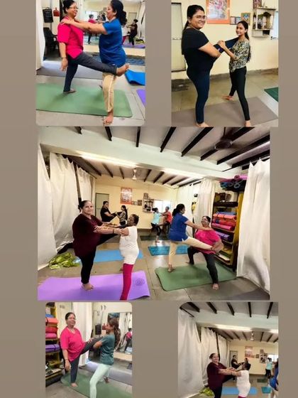 A collage showcasing the variety of students and interactions in my group sessions. From partner balances to individual poses, the focus is always on shared energy and mutual support.