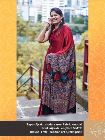 Another angle of our maroon Ajrakh modal saree, showing the full length and the beautiful drape. It’s a perfect saree for both formal and casual events.