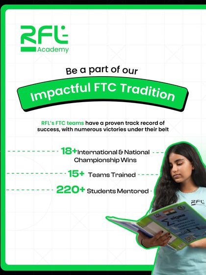An infographic showcasing our impactful FTC tradition: 18+ international wins, 15+ teams trained, and 220+ students mentored. This is social proof of our success.