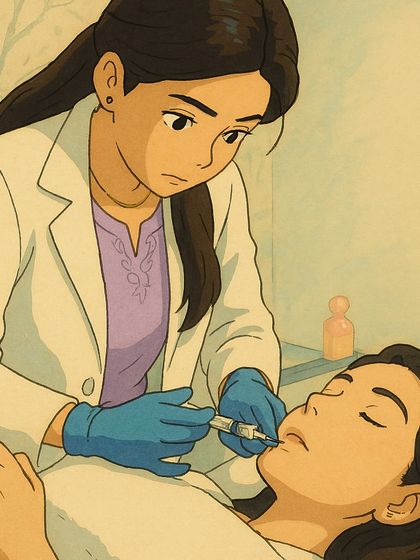 An artistic rendering of a lip filler treatment. This Ghibli-style illustration highlights the gentle and meticulous nature of our aesthetic procedures.