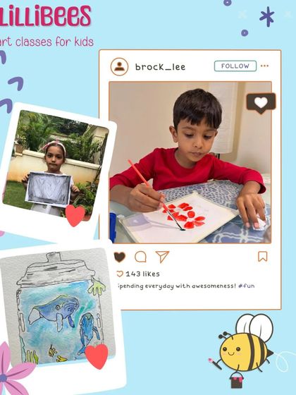 A graphic celebrating the joy and limitless imagination of childhood creativity, featuring some of our students' work.