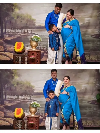 A complete family portrait in our Ravi Varma theme. It’s wonderful to see the whole family dressed in coordinated traditional attire, celebrating the upcoming arrival of their new member.