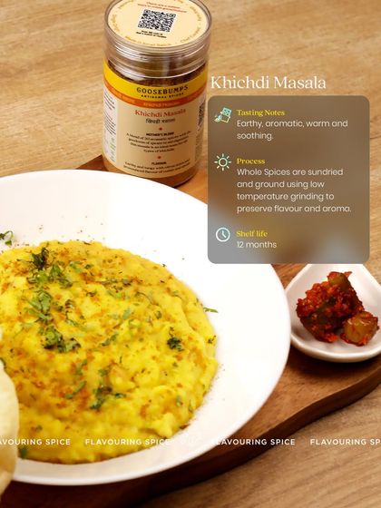Here you can see the key details of my Khichdi Masala. Its tasting notes are earthy and aromatic, achieved by sun-drying and slow-grinding whole spices to preserve their natural essence.