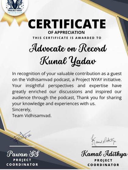 A certificate of appreciation for my contribution as a guest on the Vidhisamvad podcast. I believe in speaking from the heart, and I'm glad my insights were valuable to the audience.